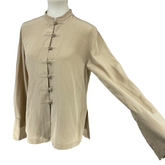 Talbots Women's Tan 100%‎ Silk Toggle Button Up Asian Look Shirt Top Blouse Sz 8 - Picture 1 of 11